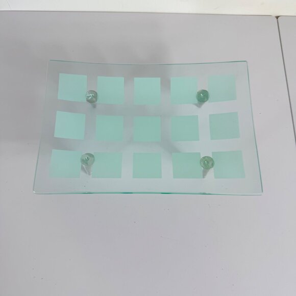 MCM Tray Frosted Glass Atomic Era Grid Pattern Metal Peg Legs VTG 60s Decorative - Picture 12 of 14